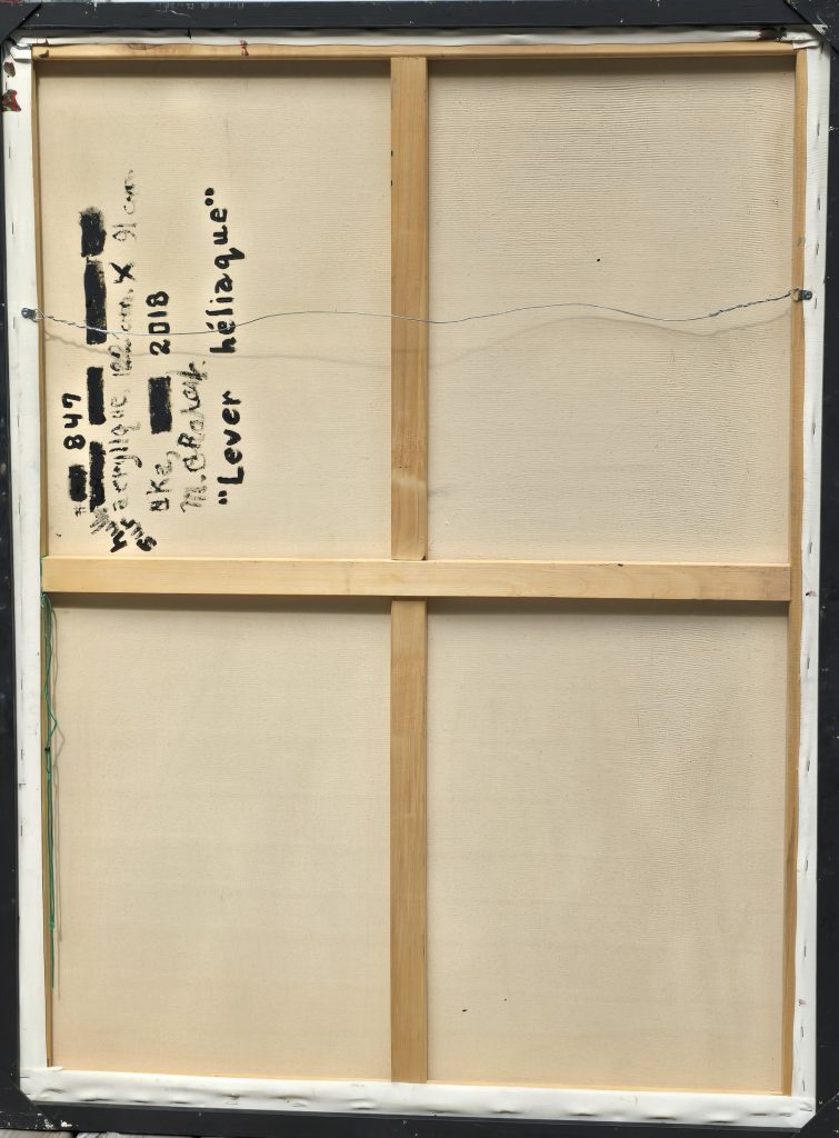 Verso du tableau Lever héliaque, châssis et inscriptions manuscrites