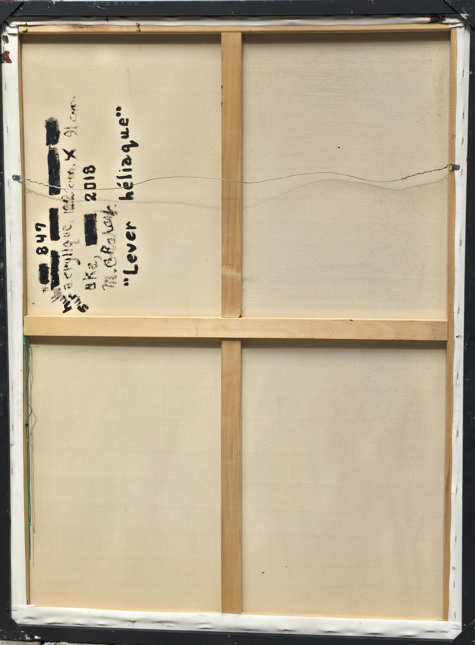 Verso du tableau Lever héliaque de Marcel Charest : châssis et inscriptions manuscrites